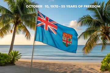 Celebrate Fiji Independence Day with a vibrant flag waving gently on a stunning tropical beach at sunset, palm trees swaying in the breeze under a clear blue sky, a moment of national pride