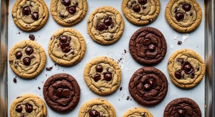 Assorted chocolate chip and double chocolate cookies on cooling rack