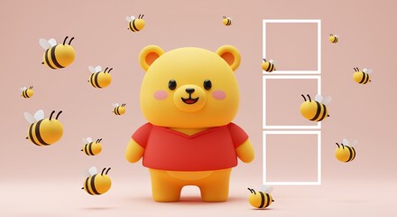 Obraz premium Cute yellow bear with honey bees playful design