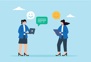 Flat illustration of cheerful businesswoman share feedback emoji with teammate symbolizing team communication and idea improvement