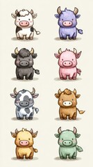 Cute cartoon cows in various colors and styles arranged in a grid showcasing their playful expressions and charm