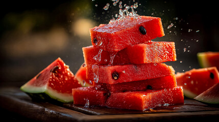 Crisp slices of watermelon stacked dynamically