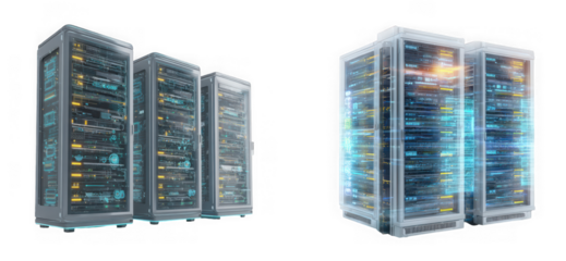 Data center server racks with glowing lights isolated on transparent background, showcasing modern technology and highspeed internet infrastructure