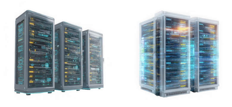 Data center server racks with glowing lights isolated on transparent background, showcasing modern technology and highspeed internet infrastructure