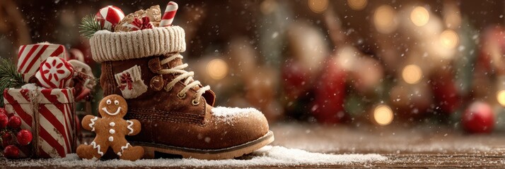 Winter holiday boot filled with treats and surrounded by festive decorations and gingerbread cookies evoking a cozy atmosphere