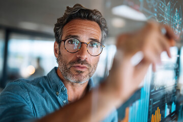 Professional man analyzing data on a transparent display in an office environment