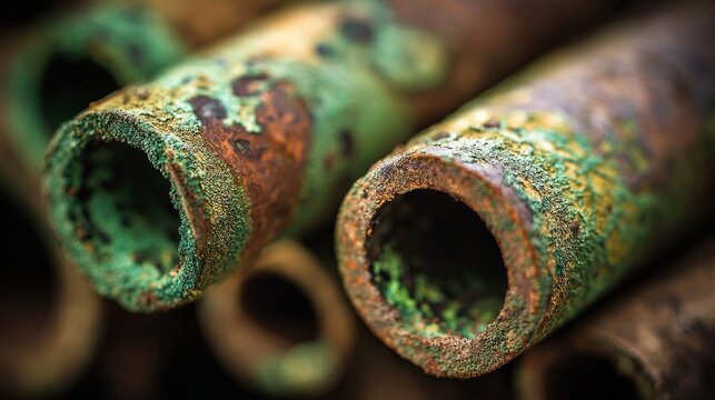 Copper pipes with green oxidation patterns