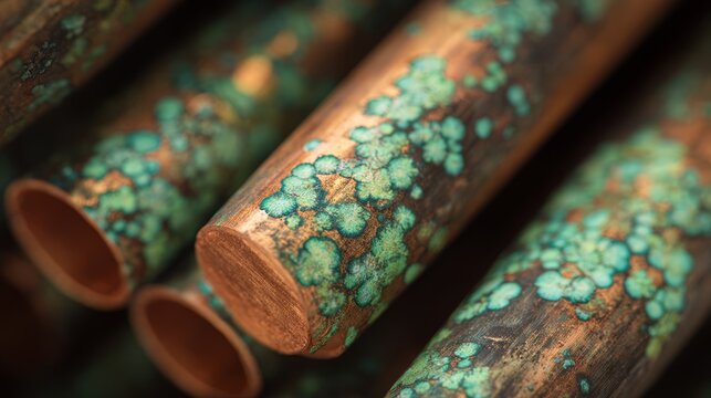 Copper pipes with green oxidation patterns