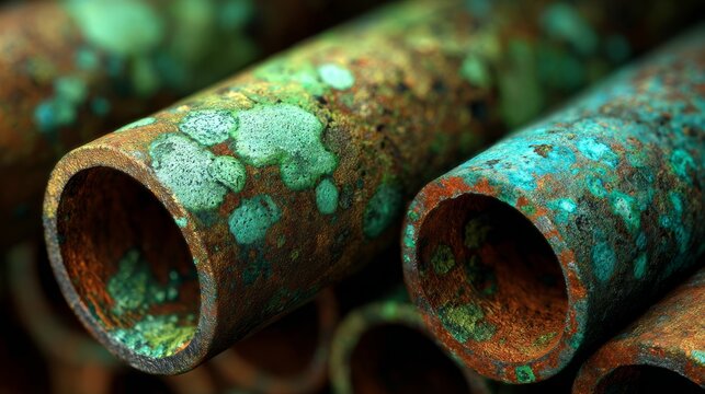 Copper pipes with green oxidation patterns
