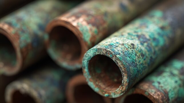 Copper pipes with green oxidation patterns