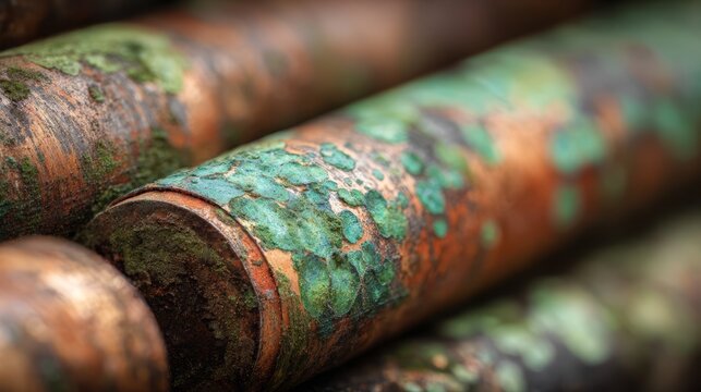 Copper pipes with green oxidation patterns