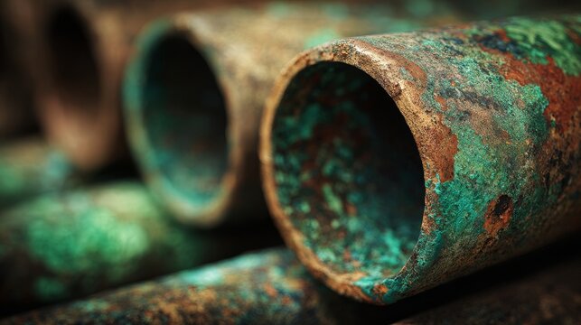 Copper pipes with green oxidation patterns