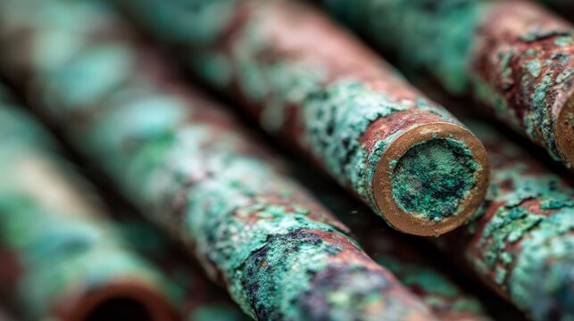 Copper pipes with green oxidation patterns