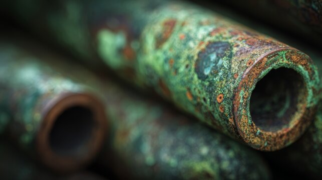 Copper pipes with green oxidation patterns