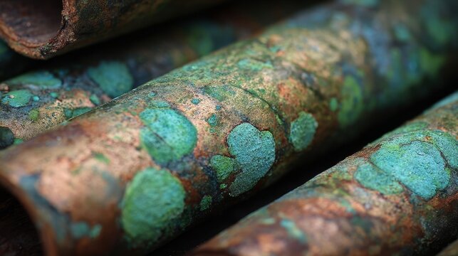Copper pipes with green oxidation patterns