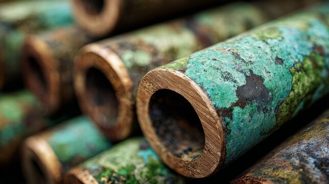 Copper pipes with green oxidation patterns