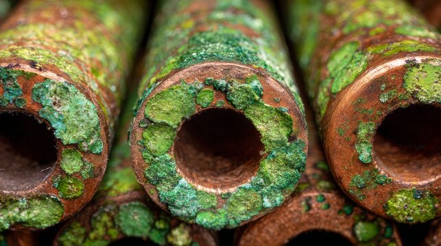 Copper pipes with green oxidation patterns