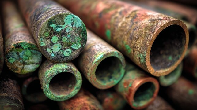 Copper pipes with green oxidation patterns