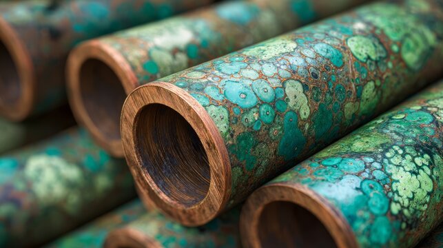 Copper pipes with green oxidation patterns
