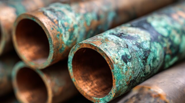 Copper pipes with green oxidation patterns