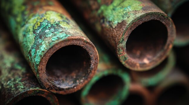 Copper pipes with green oxidation patterns