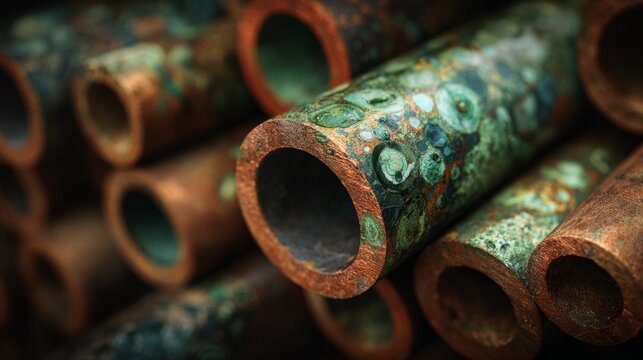 Copper pipes with green oxidation patterns