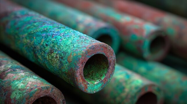 Copper pipes with green oxidation patterns