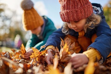 Children joyfully collecting colorful autumn leaves in a park during a bright fall day
