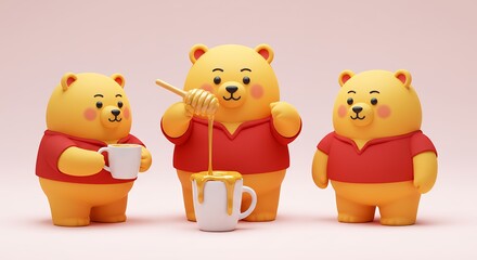 Naklejka premium Three bears pouring honey adorable cartoon characters