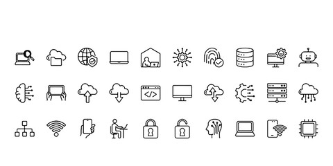 Computing line icon set – Includes computer, technology, digital, cloud, network and ai. Editable stroke. Vector illustration.