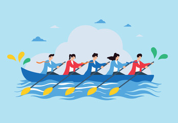 Flat illustration of employees rowing boat in unison, representing teamwork and synergy