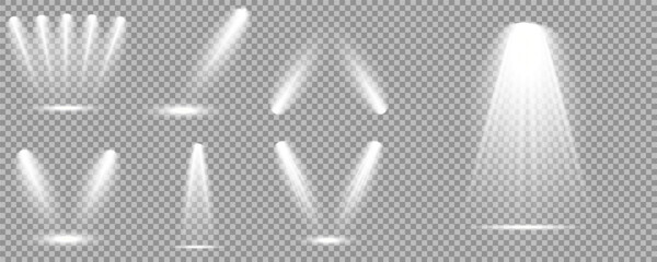 White projector scene with rays, vector illustration Spotlight on dark wall, realistic soft concert light on abstract stage png. Scene floodlight spotlight stage beam. Bright lighting with spotlights.
