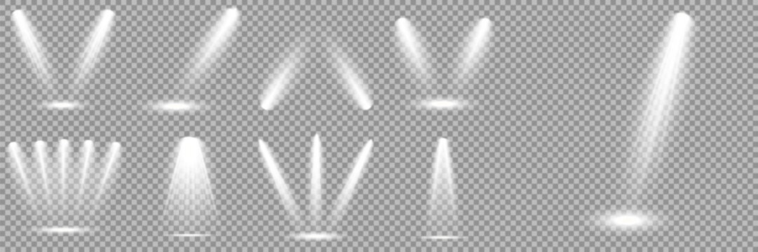 White projector scene with rays, vector illustration Spotlight on dark wall, realistic soft concert light on abstract stage png. Scene floodlight spotlight stage beam. Bright lighting with spotlights.