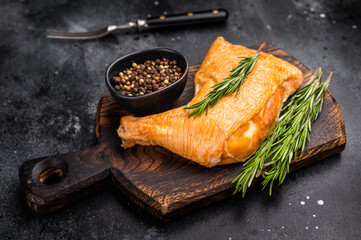 Smoked chicken leg, roast cooked poultry meat dinner. black background. top view