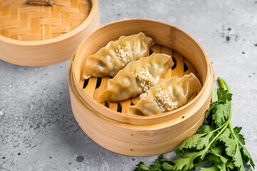 Steamed Japanese Gyoza Dumplings with pork meat and vegetables in bamboo steamer. grey background. top view