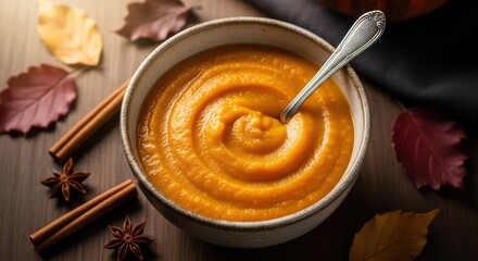 Creamy pumpkin soup in ceramic bowl with autumn leaves and spices