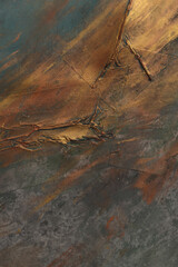 Art relief Oil, Acrylic brush stroke smear blot  painting canvas wall. Abstract grain grunge dirty texture gold, bronze, blue gray color stain background.