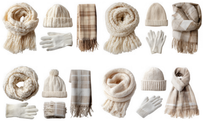 Cozy winter clothing set isolated on transparent background, featuring knitted hats, scarves, and gloves for warmth and style during the cold season