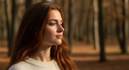 Naklejka premium Young caucasian female in forest at sunset, long red hair, peaceful expression