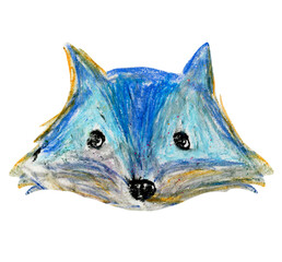 Cute crayon pencils hand drawing blue and gray stylized fox head. Hand painted oil pastel textured wolf or coyote, hyena animal face for greeting card design, nursery poster, invitation, sticker