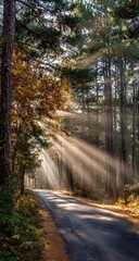Fototapeta premium Sunlight streams through autumn forest