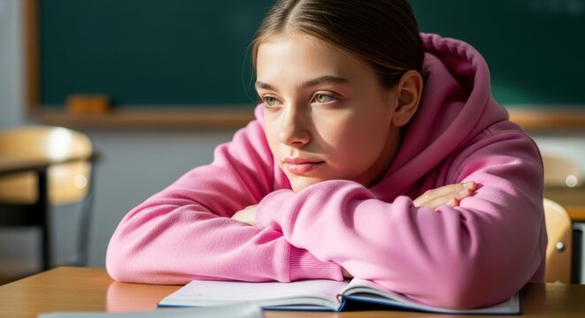 Young caucasian female student daydreaming in classroom with open book