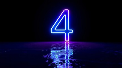 number four glowing in the dark, pink blue neon light. stylized number 4 outlined in a vibrant neon light that fades from blue at the top to purple at the bottom, wet floor against a black background.
