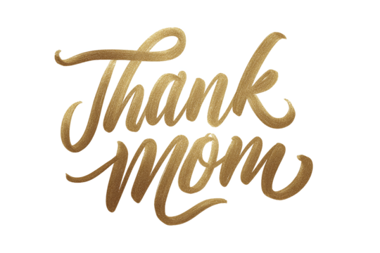 "Thank Mom" golden glitter script text, isolated on white transparent background