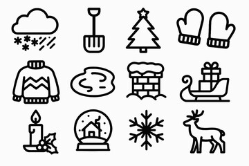 Naklejka premium Set of 12 black festive winter icons in flat vector style with white background, ideal for apps, cards, and holiday graphic projects.