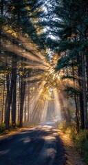 Sunlight streams through a forest road