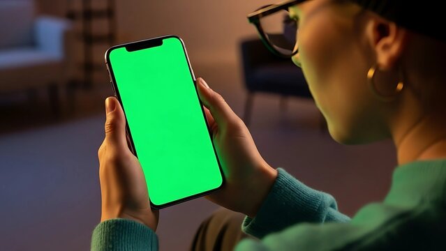 Woman Holding Smartphone with Green Screen Mockup.