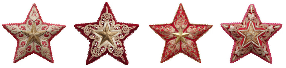 Four red and gold star ornaments with intricate patterns isolated on transparent background for festive decorations and holiday celebrations