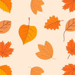 Seamless Autumn Leaves Pattern – Flat Vector Illustration of Fall Foliage for Seasonal Designs