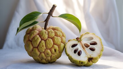 Custard Apple Fruit Whole and Halved with Leaves cherimoya